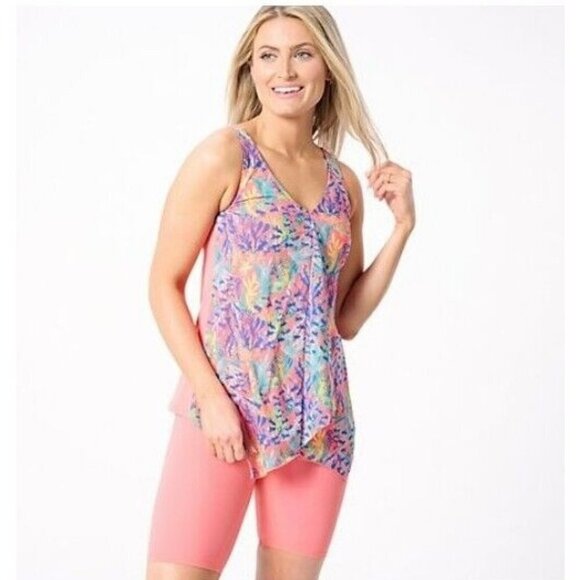 Denim & Co. Beach V-Neck Handkerchief Tankini with Bike S Multi Coral Plus 18 - Picture 1 of 1